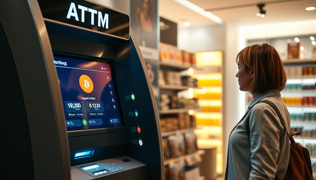 Modern crypto ATM machine in a retail location with a customer using the touchscreen interface