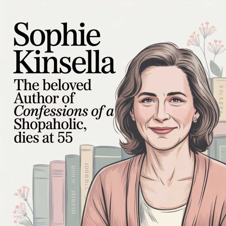 Illustration of Sophie Kinsella, author of Confessions of a Shopaholic, with a neutral expression and a background of books.