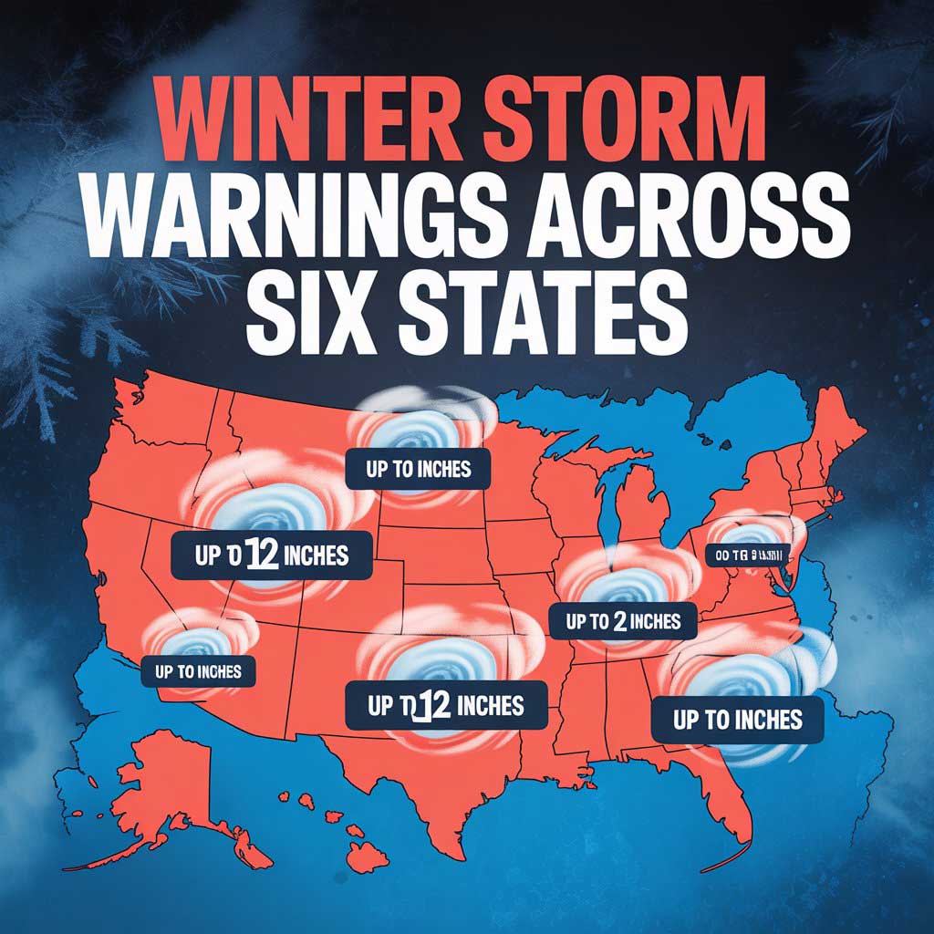 Map showing winter storm warnings across six states with snowfall predictions ranging from 2 to 12 inches.
