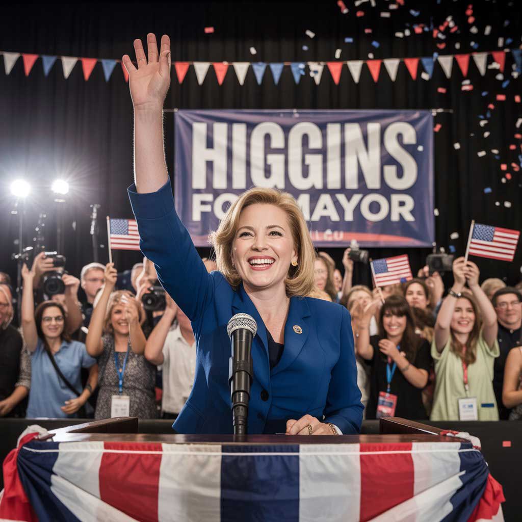 Woman smiling and waving from a podium at a political rally with supporters and an American flag backdrop.