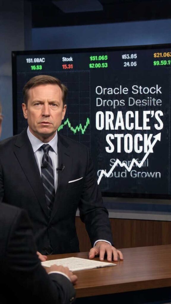 News anchor presenting a segment on Oracle's stock performance with a graph showing fluctuations in the background.