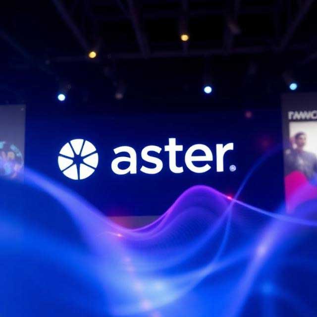 Logo of Aster displayed prominently with a blue and purple wave design in the background.