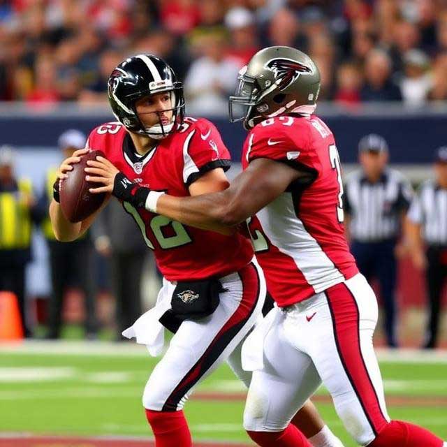 Image shows Kirk Cousins of the Atlanta Falcons dropping back to throw during a night game against the Tampa Bay Buccaneers. Tampa defenders are closing in as Cousins surveys the field. Scoreboard graphics highlight the Falcons’ 29–28 victory. The stadium lights illuminate the scene, capturing the intensity of the matchup.