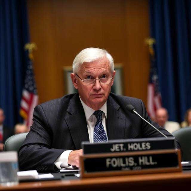 Man in a dark suit sitting at a table with a nameplate reading 'JET. HOLES FOILIS, H.L.L.' during a formal meeting.