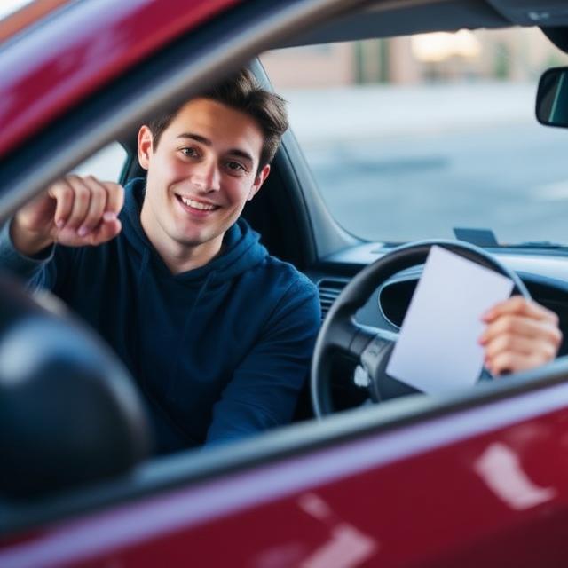 A young driver smiling behind the wheel of a small hatchback in the UK.