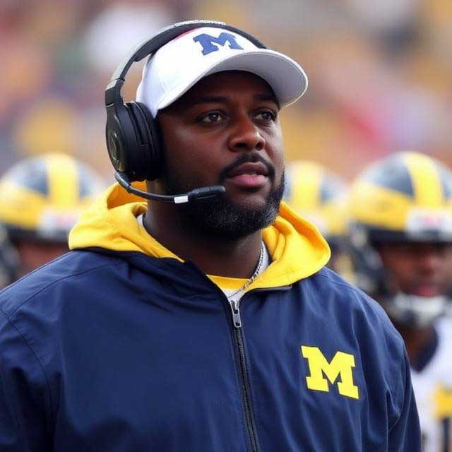 Man wearing a Michigan Wolverines cap and headset, dressed in a navy jacket with a yellow hoodie, on the sidelines during a football game.