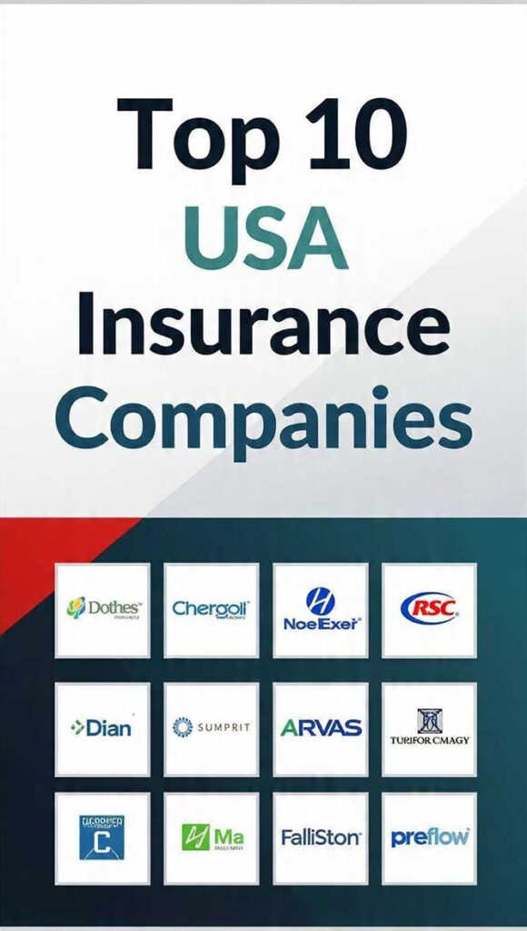 Graphic listing the top 10 insurance companies in the USA, featuring logos of various firms including Dotches, Chergoll, and NoeExel.