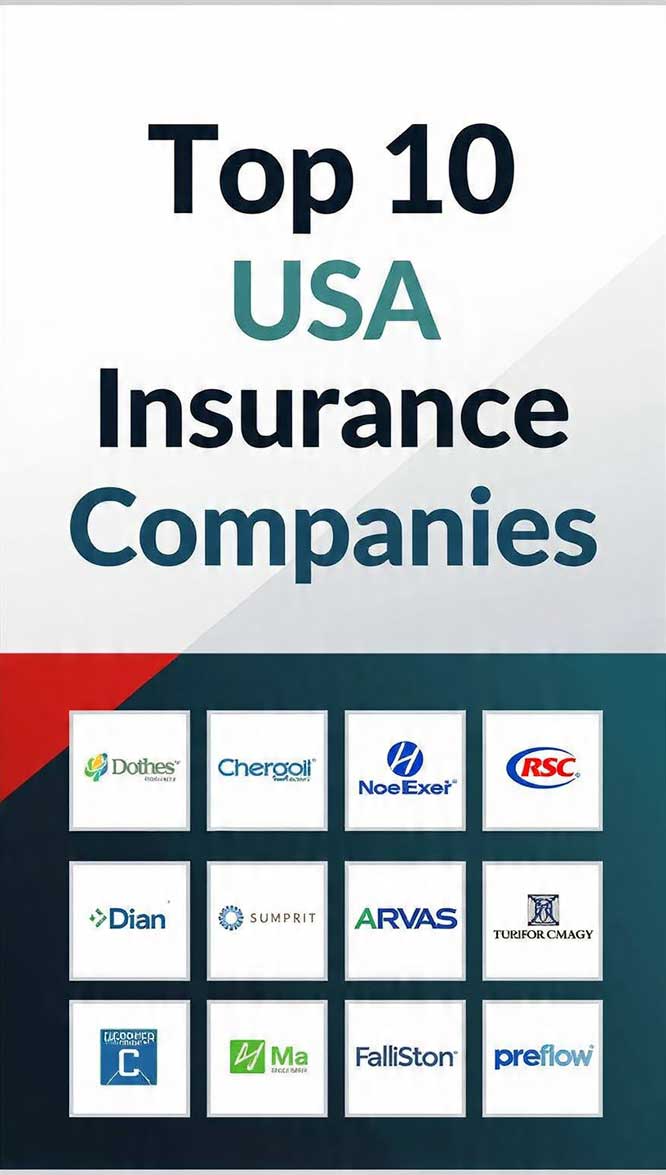 Graphic listing the top 10 insurance companies in the USA, featuring logos of various firms including Dotches, Chergoll, and NoeExel.