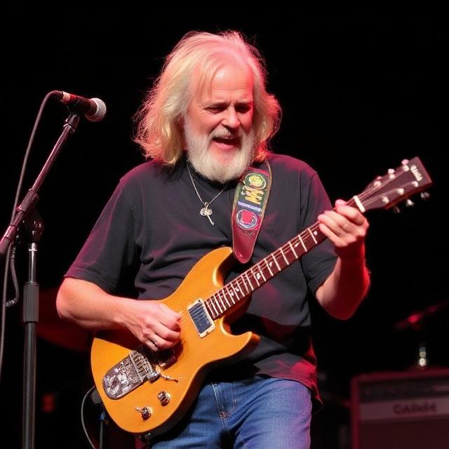 A soulful portrait of Bob Weir performing on stage with his signature guitar, radiating the "warm sunlight" his family described in his final tribute.