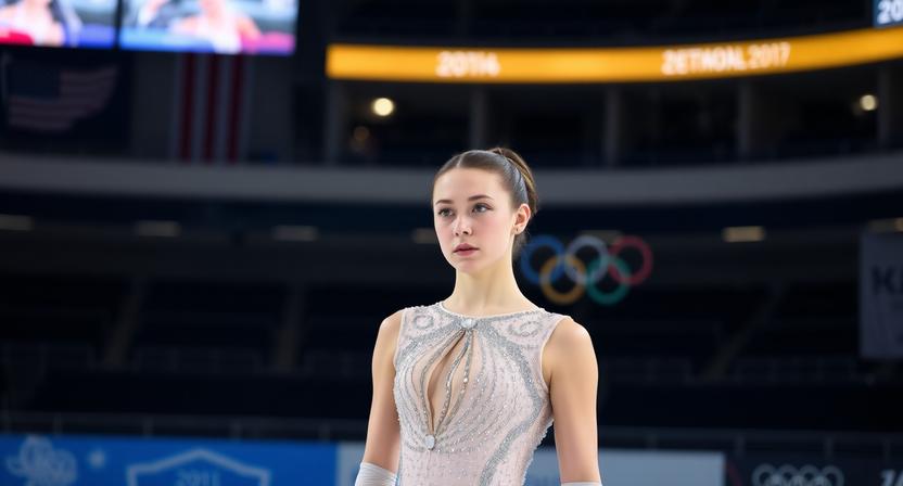 a portrait of a female figure skater standing on ice