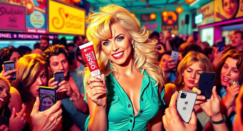 a vibrant scene showing pamela anderson holding a tub