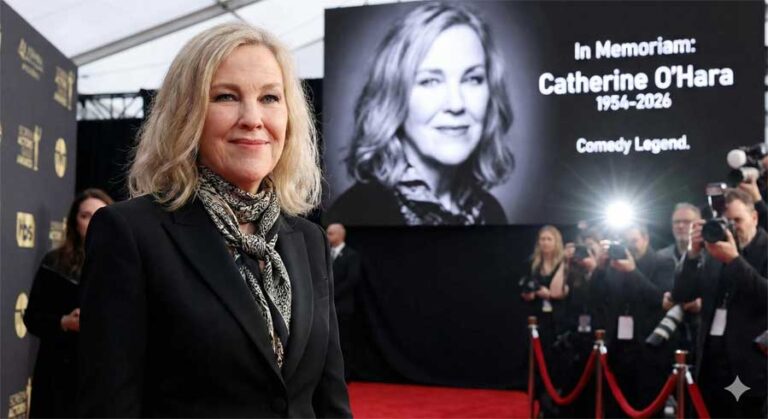 Large "In Memoriam" tribute screen for Catherine O'Hara (1954-2026) in the background of a media event.