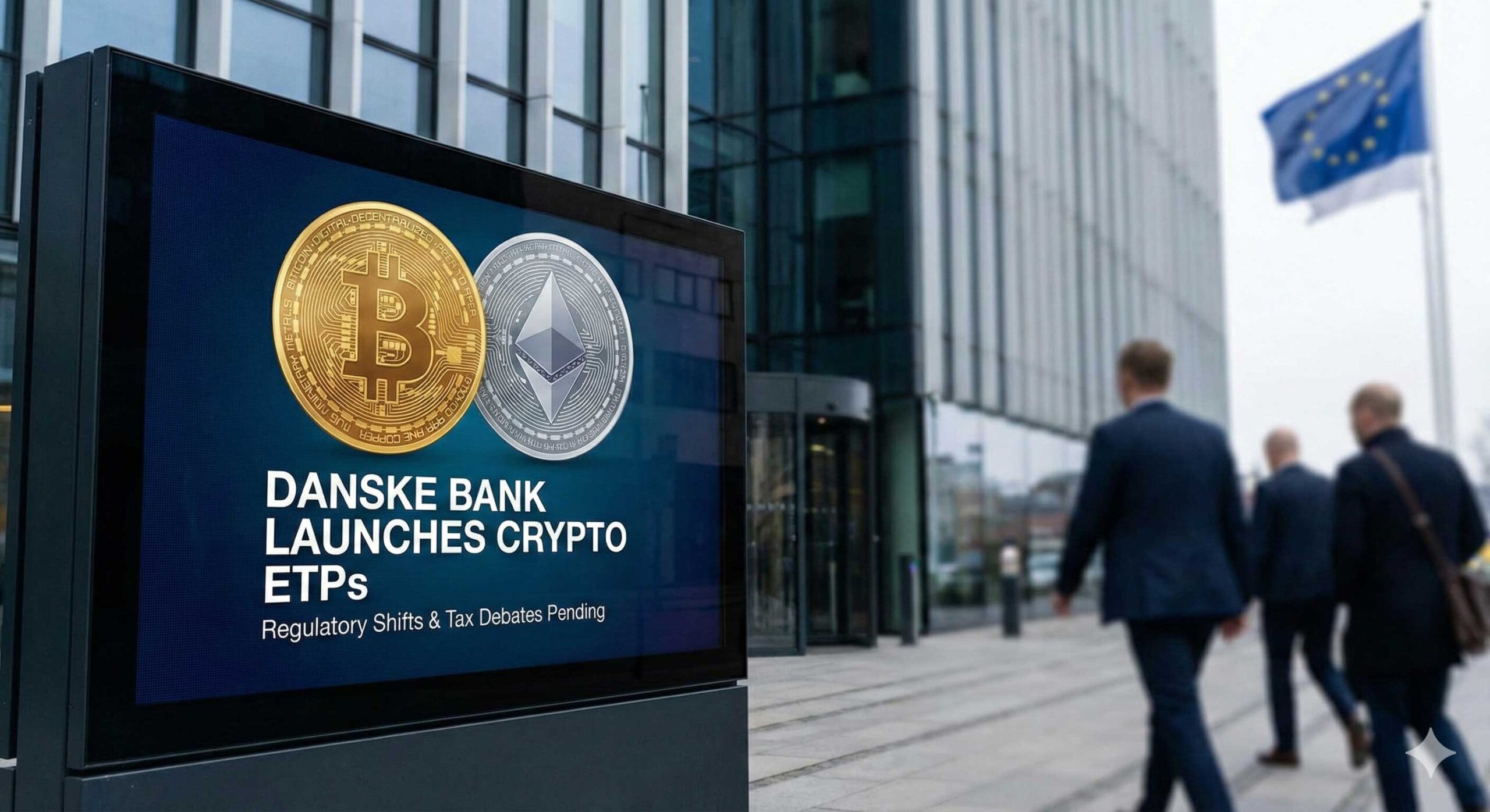 A modern digital display outside the glass headquarters of Danske Bank features the Bitcoin and Ethereum logos next to text announcing "Launches Crypto ETPs." Business professionals in suits walk past the building in the foreground.