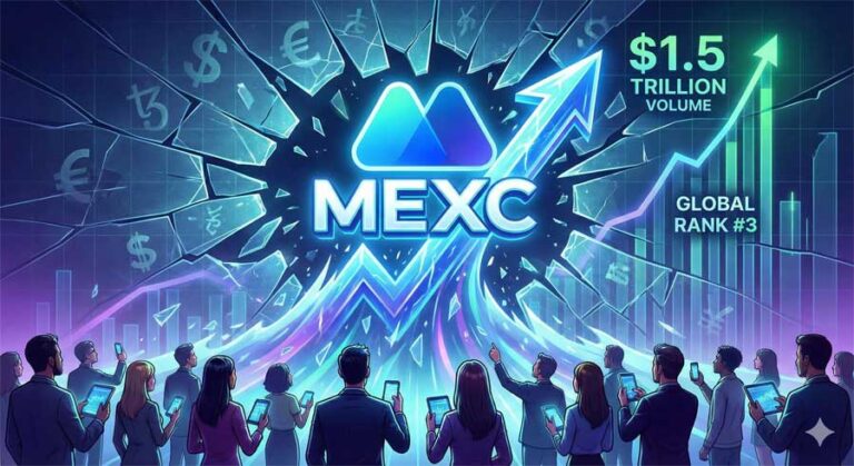 A futuristic digital illustration showing the glowing blue MEXC logo shattering a glass ceiling, with an upward trending arrow and text reading "$1.5 Trillion Volume." A crowd of retail traders with mobile devices looks up at the logo.