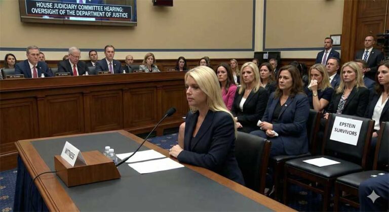 Attorney General Pam Bondi sits sternly at a witness table in a crowded House hearing room, looking straight ahead, while a row of solemn women—survivors of Jeffrey Epstein—sit directly behind her in the public gallery.
