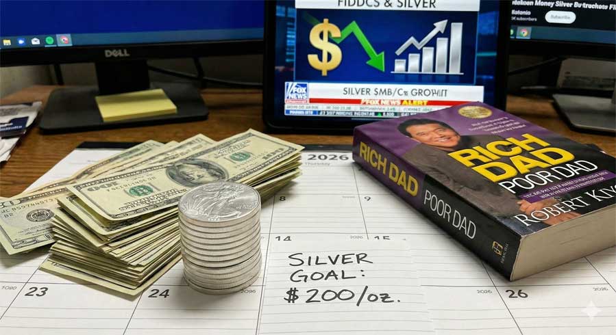 A desk scene featuring a stack of silver coins next to US dollar bills and a copy of "Rich Dad Poor Dad," with a handwritten note reading "Silver Goal: $200/oz" on a 2026 calendar.