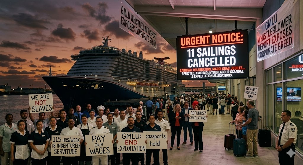 A Carnival Cruise ship docked at sunset with "CANCELLED" text overlay; crew members protesting at a port.