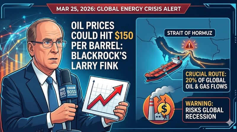 Digital chart showing projected oil price spike to $150 with Larry Fink and Strait of Hormuz map overlay.