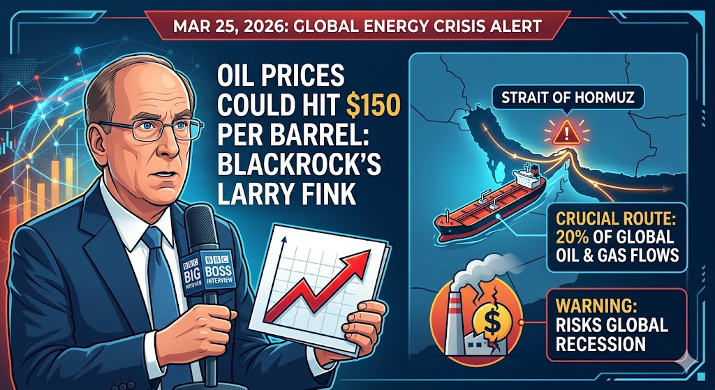 Digital chart showing projected oil price spike to $150 with Larry Fink and Strait of Hormuz map overlay.