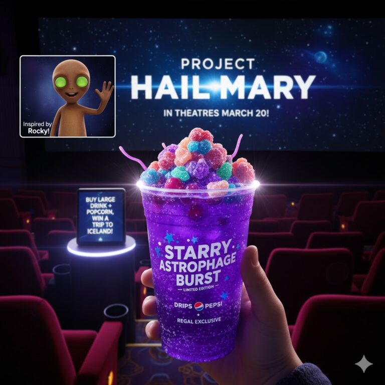 A close-up of the purple Starry Astrophage Burst soda with candy berry gummy clusters in a Regal theatre cup.
