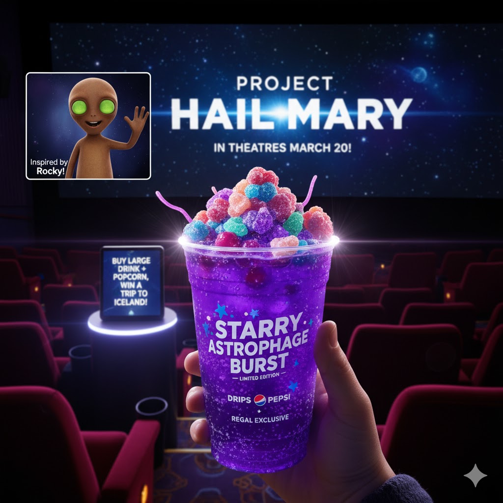 A close-up of the purple Starry Astrophage Burst soda with candy berry gummy clusters in a Regal theatre cup.