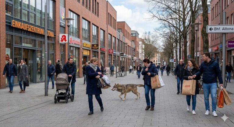 A wild wolf walking through a busy pedestrian shopping street in Hamburg-Altona, Germany, with shoppers and brick buildings in the background.