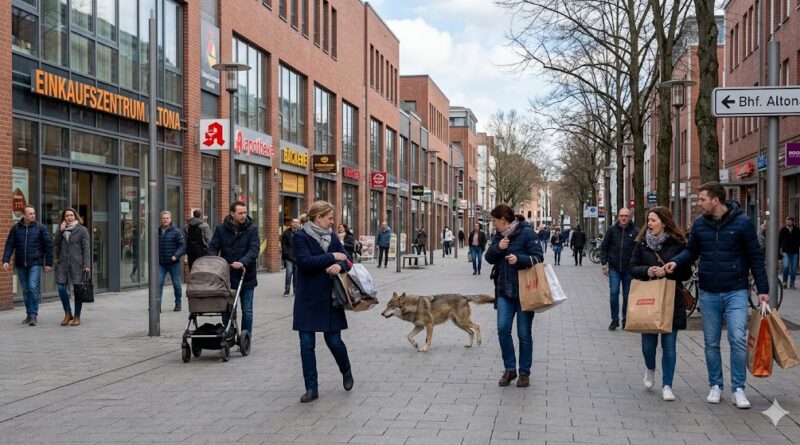A wild wolf walking through a busy pedestrian shopping street in Hamburg-Altona, Germany, with shoppers and brick buildings in the background.